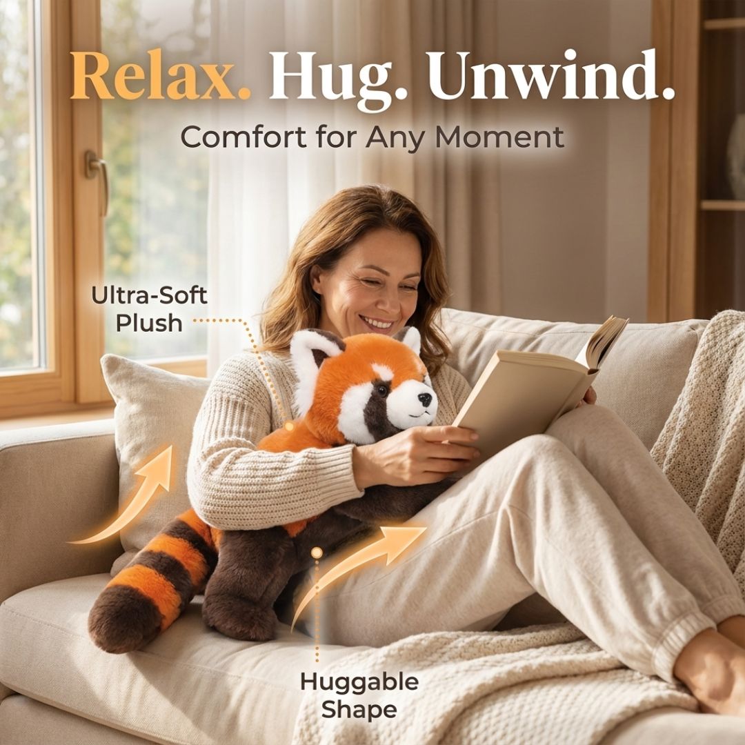 Woman reading a book with a plush toy on a couch, with text promoting comfort.