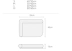 Measurement chart for different sizes of a product with dimensions labeled.