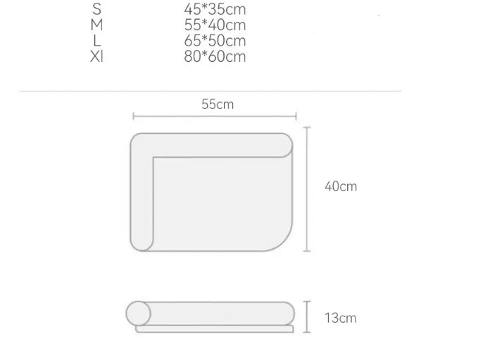 Measurement chart for different sizes of a product with dimensions labeled.
