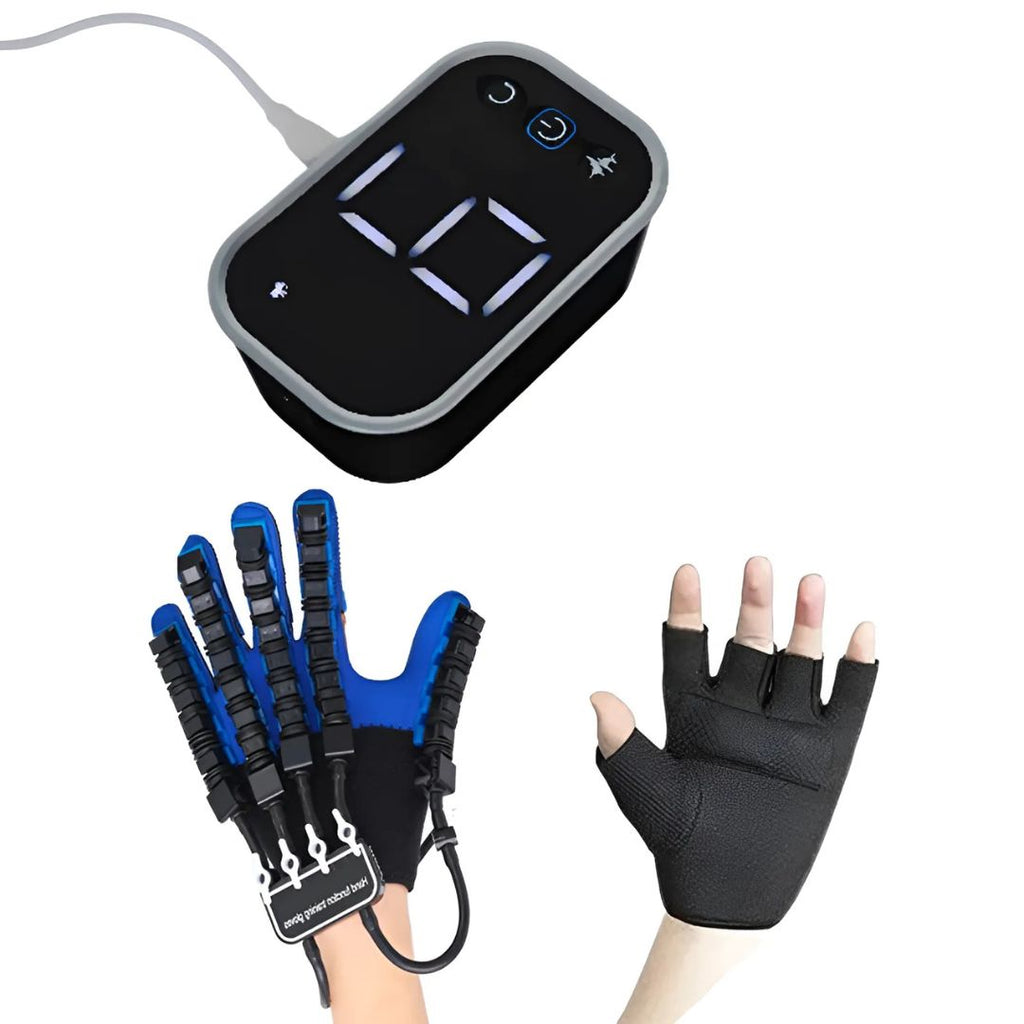 Hand exerciser with digital display and two gloves on a white background