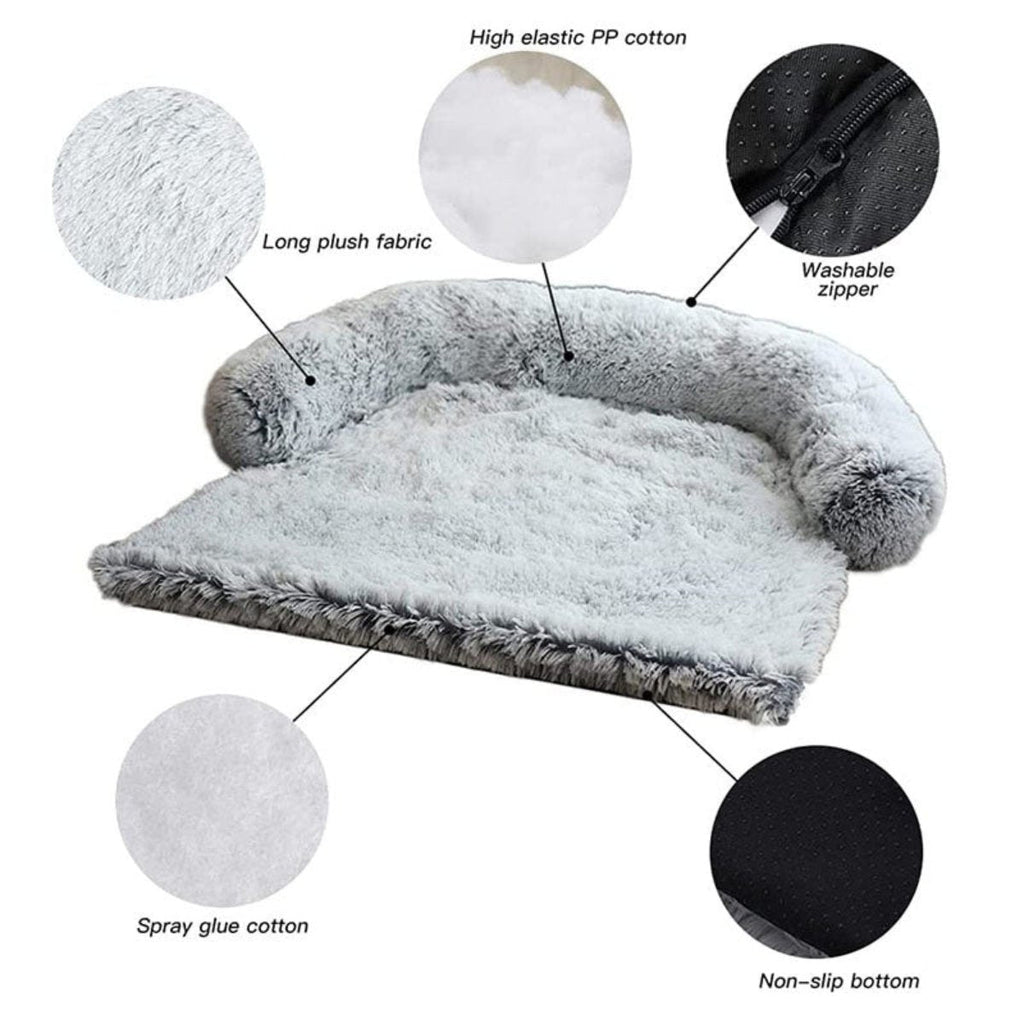 Gray pet bed with features highlighted on a white background