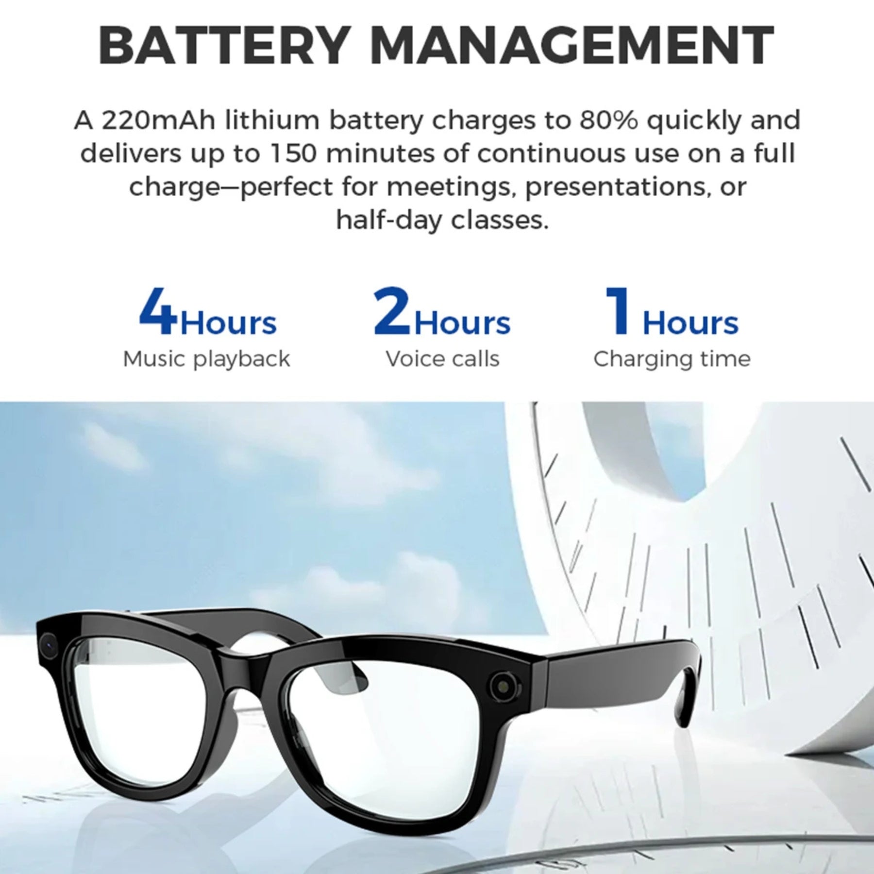 Smart glasses with battery management information on a white background