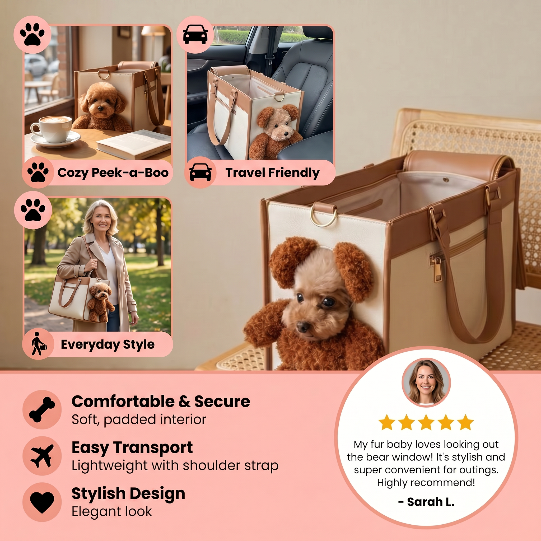 Pet carrier with a teddy bear inside, shown in various settings with text highlighting features and customer feedback.