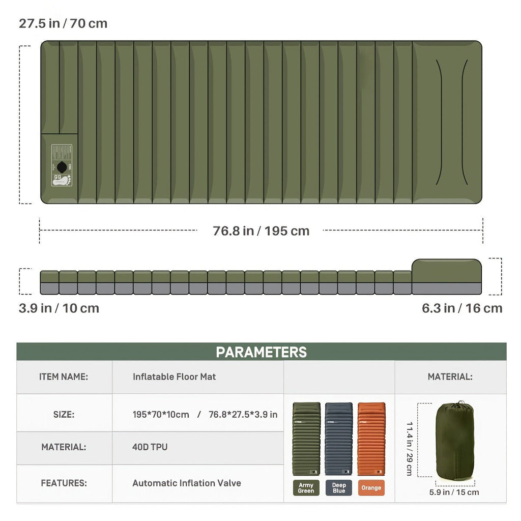Inflatable floor mat with dimensions and material details on a white background
