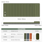 Inflatable floor mat with dimensions and material details on a white background