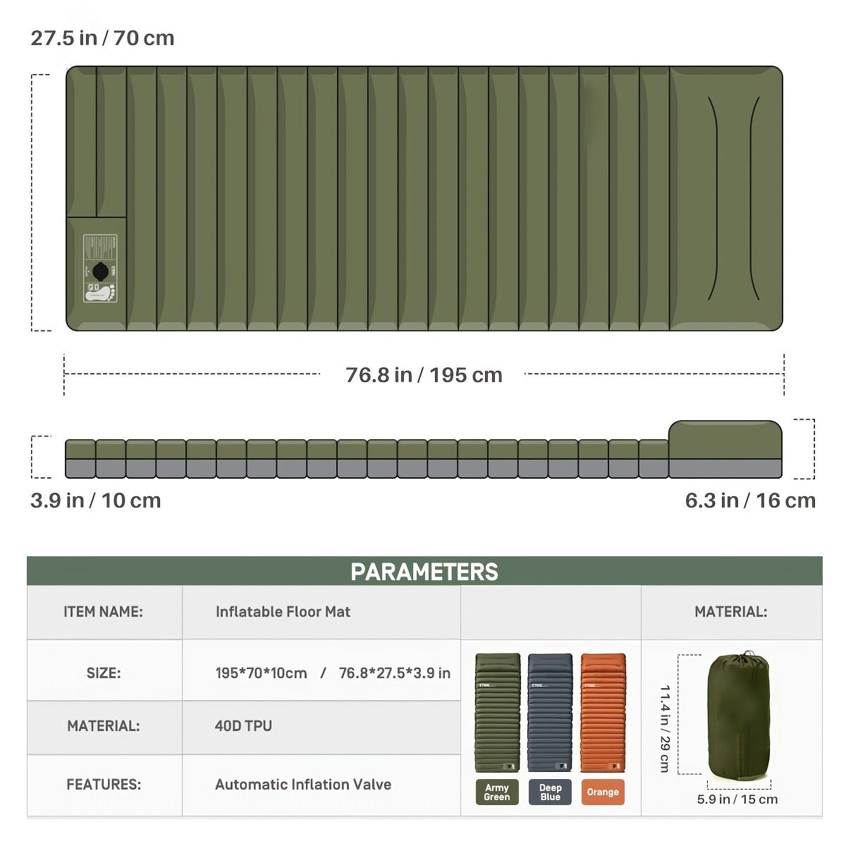 Inflatable floor mat with dimensions and material details on a white background