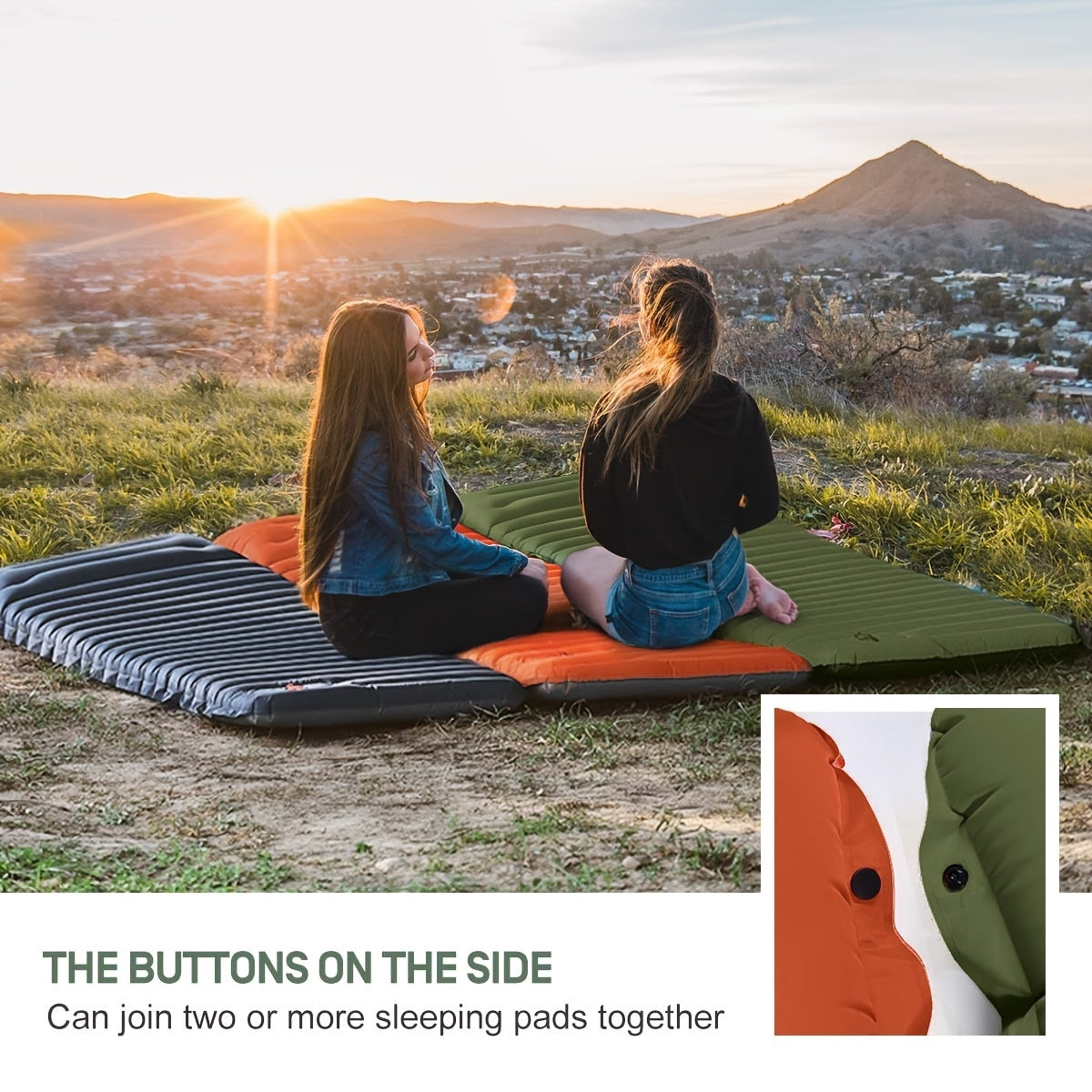 Two people sitting on a inflatable sleeping pad overlooking a scenic landscape with mountains and sunset.