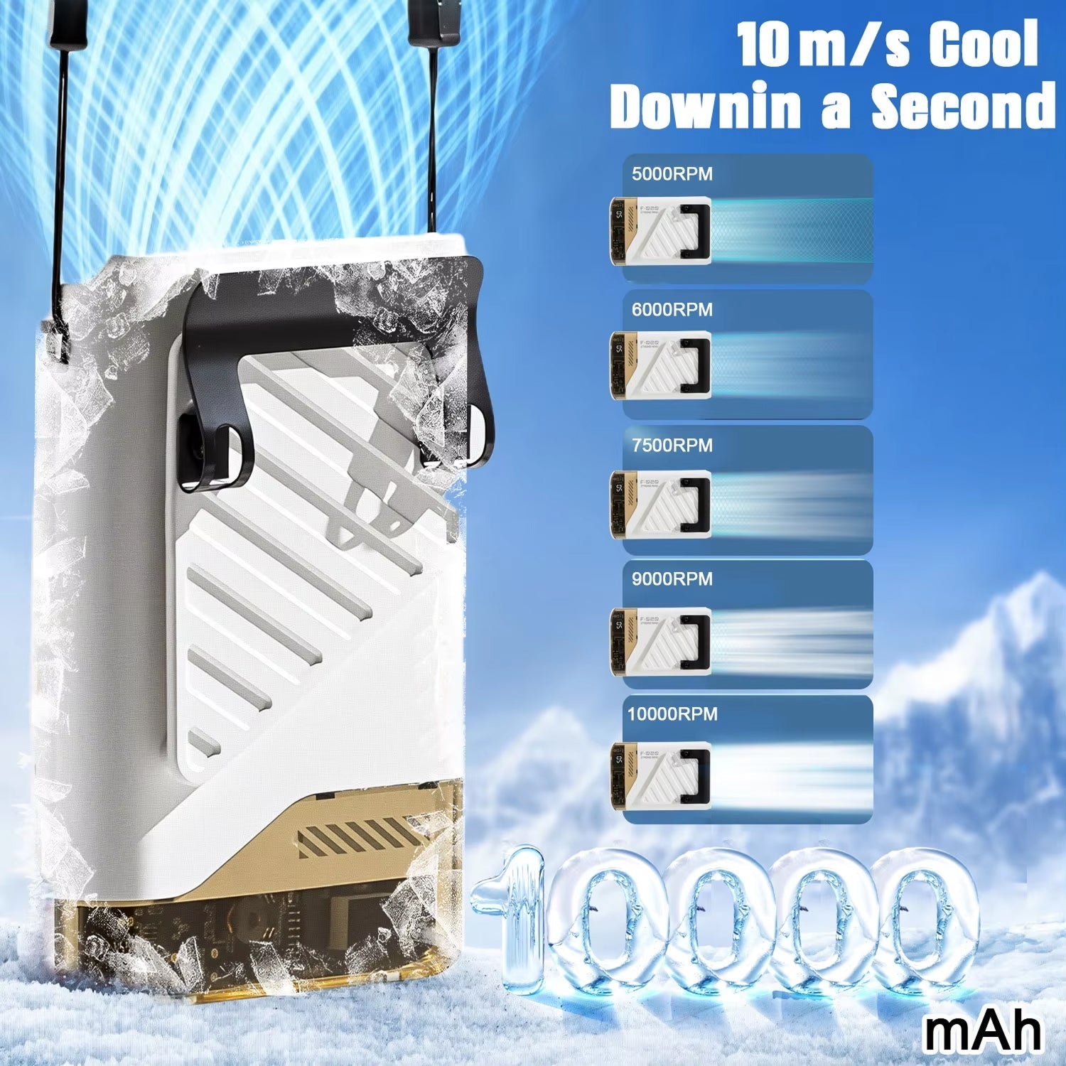 Product with cooling system and specifications on a blue background