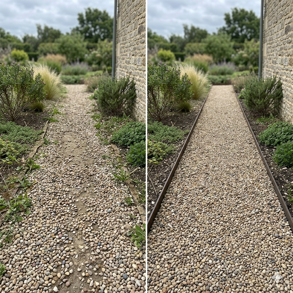 Garden pathway with pebbles and plants, before and after editing.