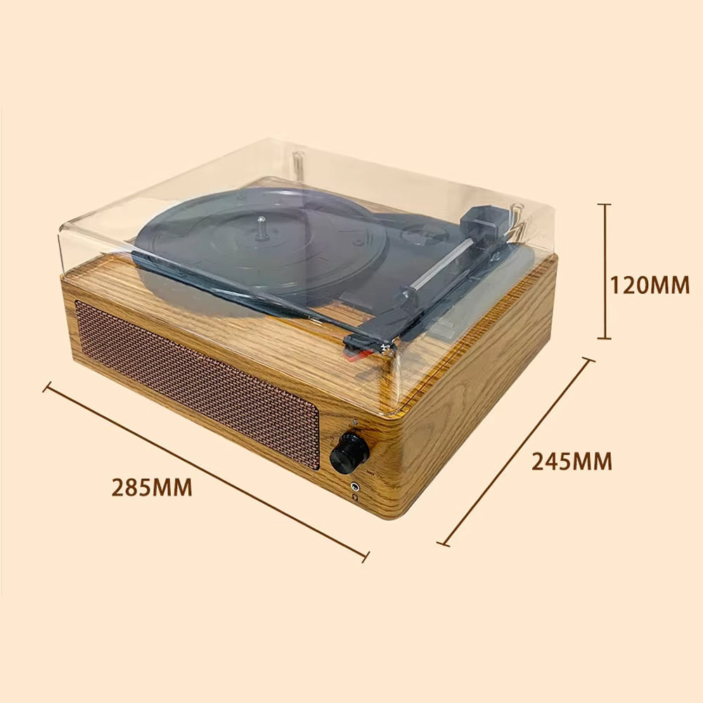 Wooden record player with dimensions indicated on a beige background