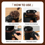 Instructions on how to use a coffee grinder with images and text.