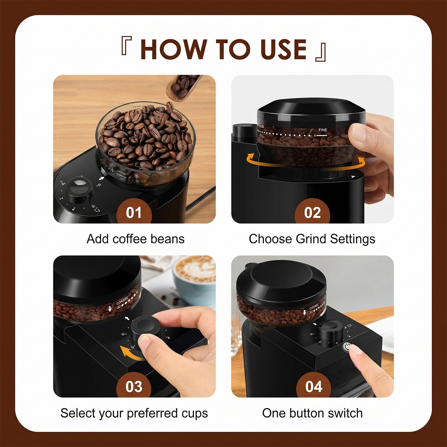 Instructions on how to use a coffee grinder with images and text.