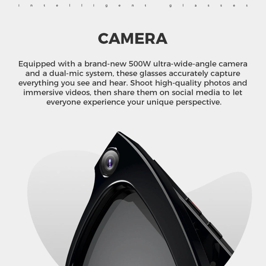 Camera-equipped glasses with text about features on a white background