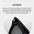 Camera-equipped glasses with text about features on a white background