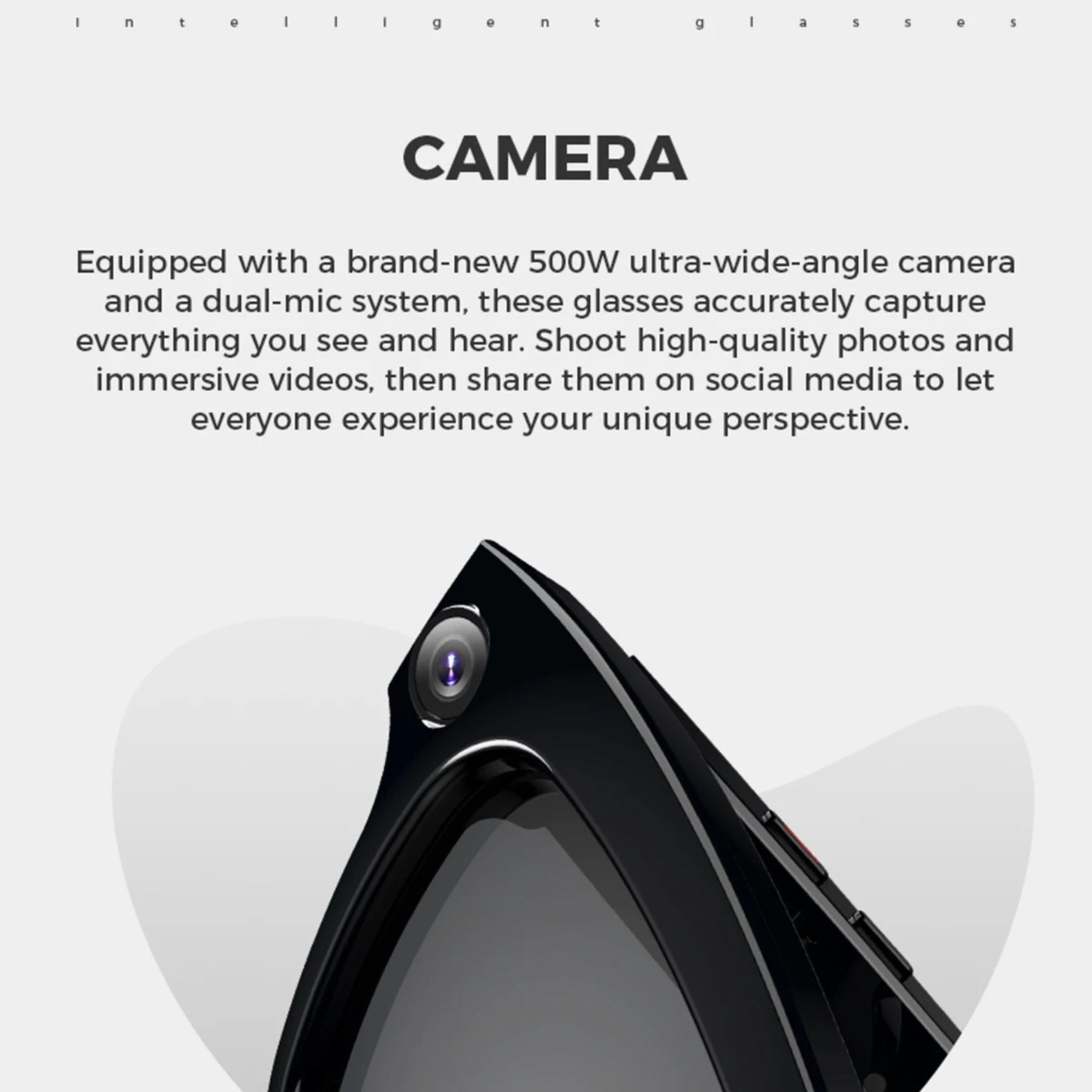 Camera-equipped glasses with text about features on a white background