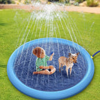 Child and dog playing with a blue inflatable sprinkler pad on grass