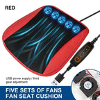 Red fan seat cushion with five sets of fans and USB power supply on a white background