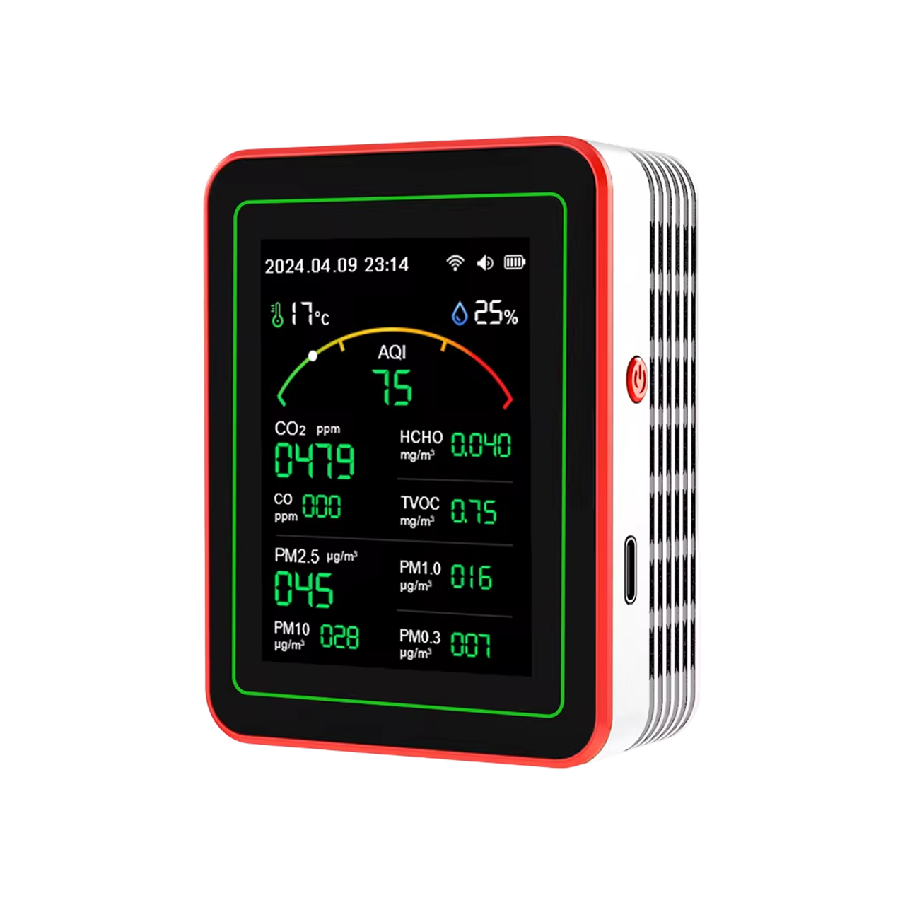 Digital air quality monitor with a red border on a white background