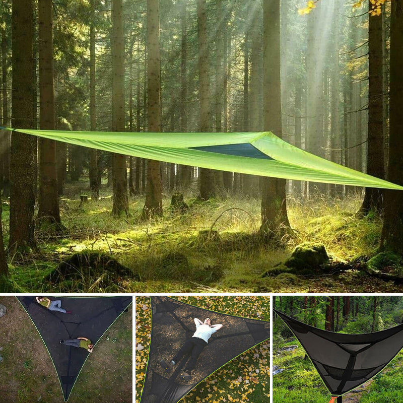 Tree tent set up in a forest with additional images of people using the tent.