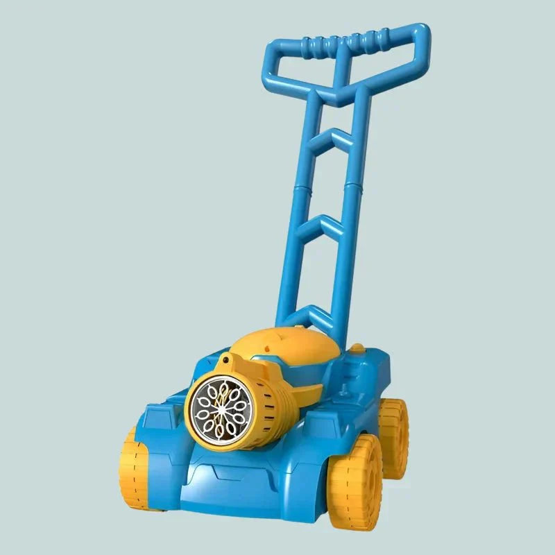 Toy lawn mower with blue handle and yellow body on a light gray background