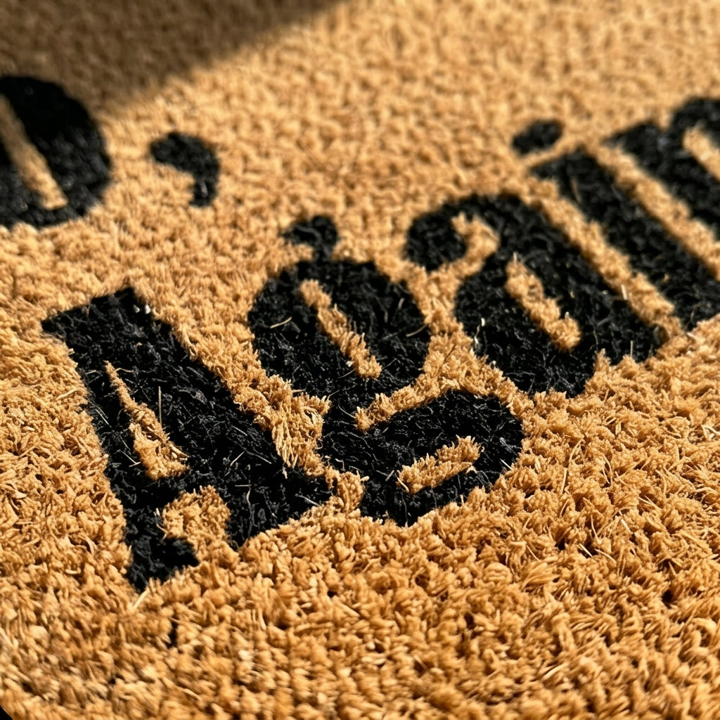 Doormat with 'Welcome' text on a textured surface