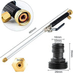 Pressure washer nozzle with interchangeable nozzles and measurements on a white background