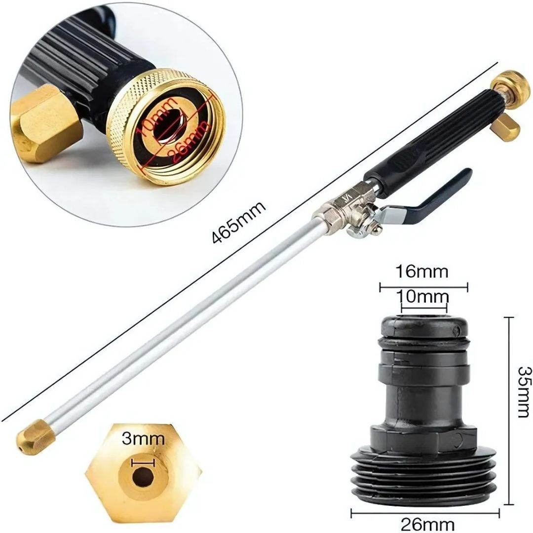 Pressure washer nozzle with interchangeable nozzles and measurements on a white background