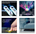 Collage of a wireless somatosensory game console with controllers, colorful light display, high density elasticity, and easy storage features.