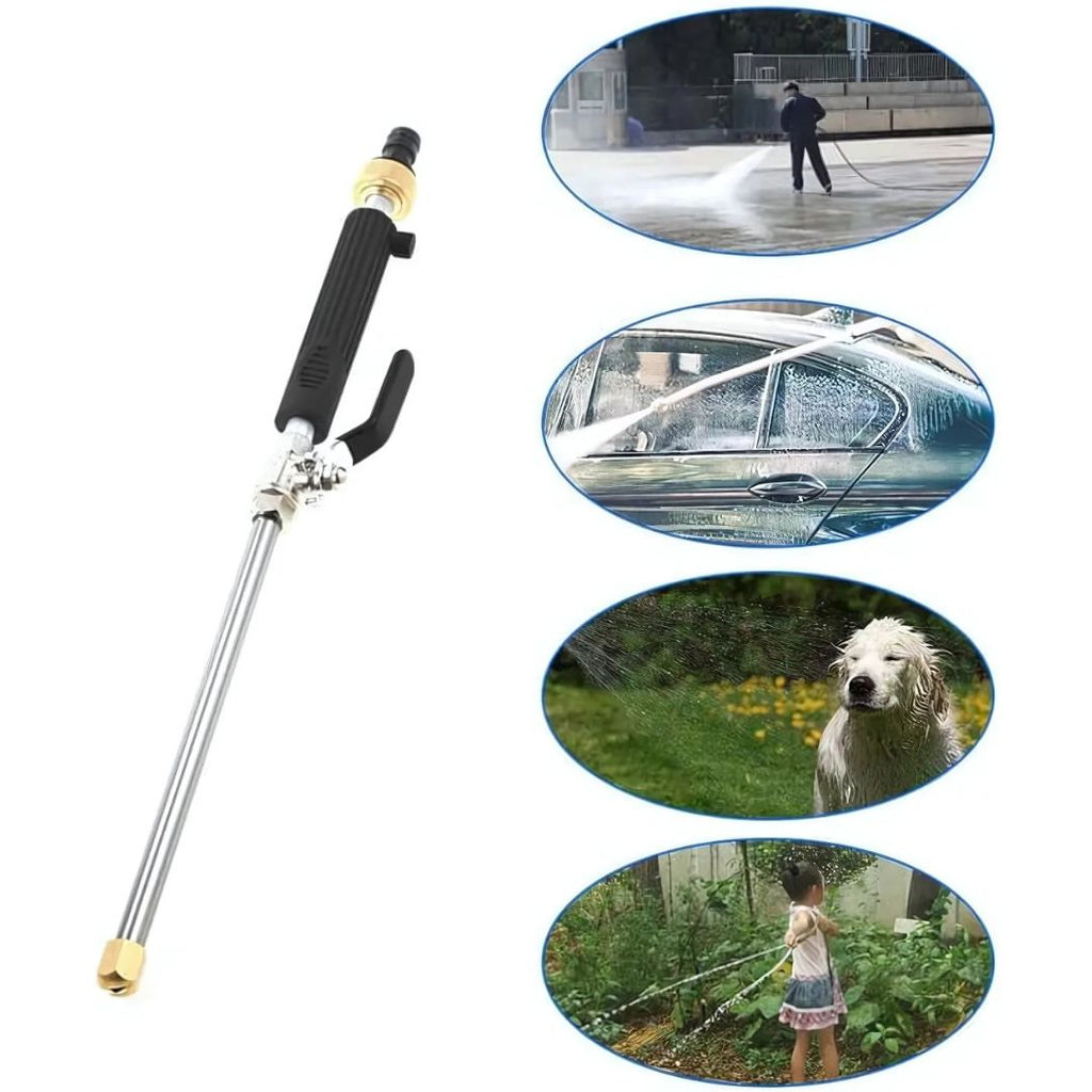Car wash spray gun with various uses shown on a white background