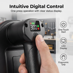 Digital tire pressure gun with digital display and ergonomic grip, held by a hand.