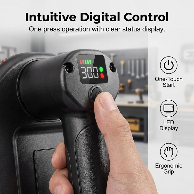 Digital tire pressure gun with digital display and ergonomic grip, held by a hand.