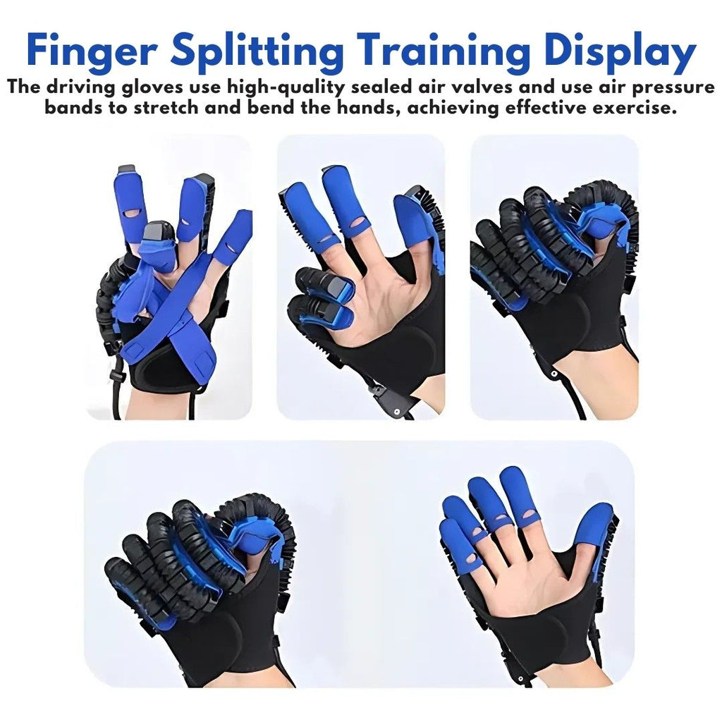 Finger splitting training display with black and blue gloves on a white background