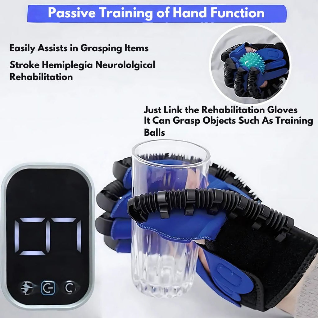 Rehabilitation gloves with digital display and training ball, used for passive hand function training.