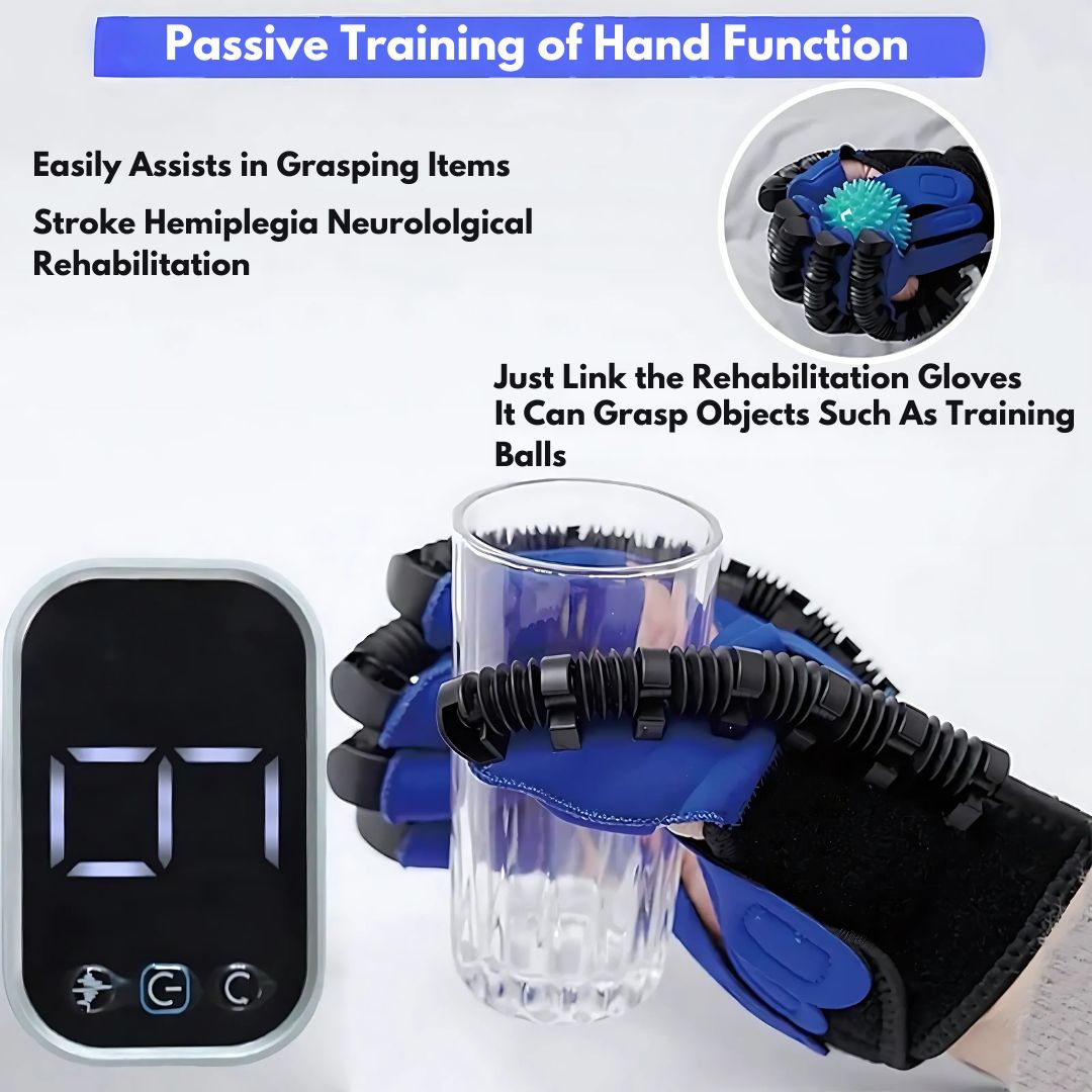 Rehabilitation gloves with digital display and training ball, used for passive hand function training.