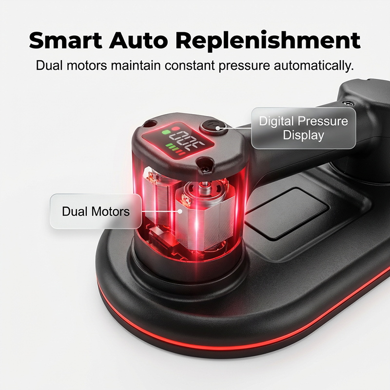 Automotive pressure tool with digital display and dual motors on a white background