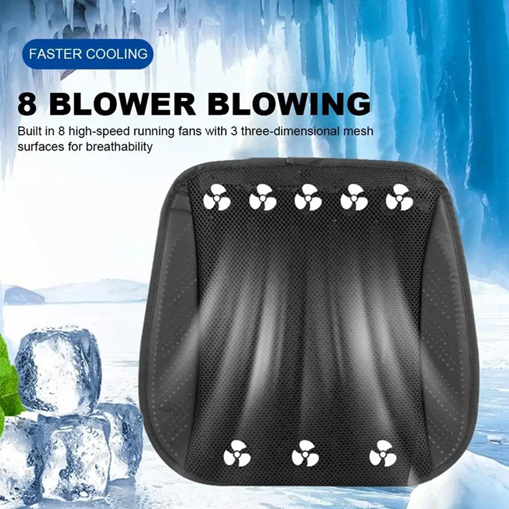 Black cooling pillow with 8 blower outlets against a icy background