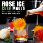 Rose ice cube mold being used to pour a drink into a glass with ice cubes.