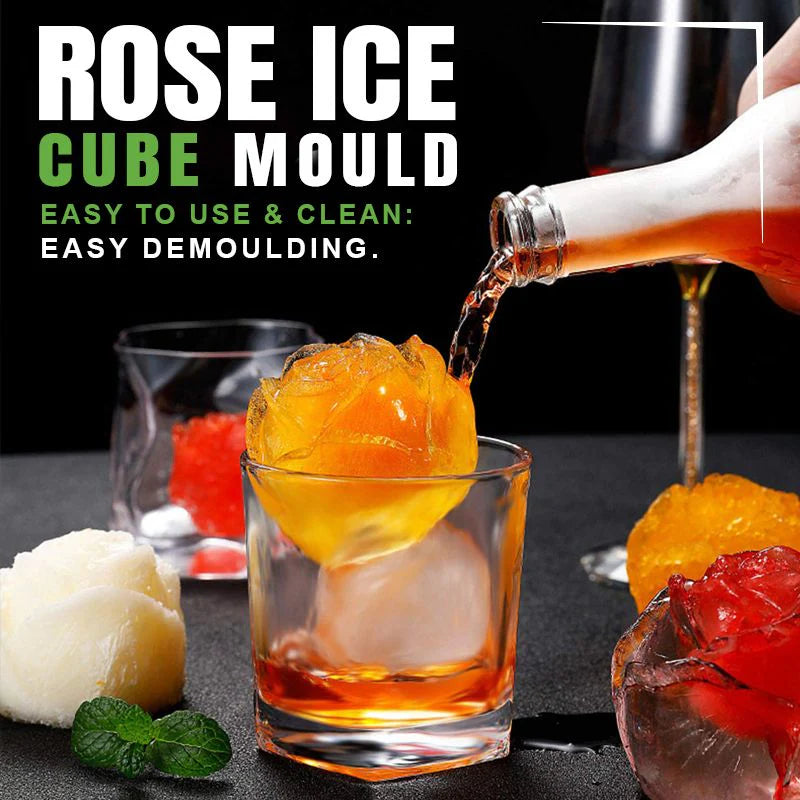 Rose ice cube mold being used to pour a drink into a glass with ice cubes.