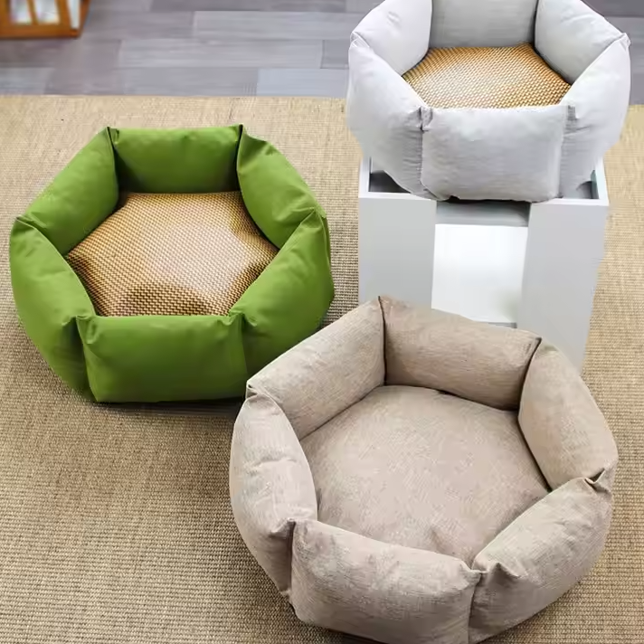 Three round pet beds in green, beige, and white with wicker seats on a carpeted floor.