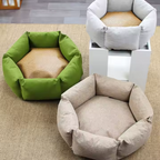 Three round pet beds in green, beige, and white with wicker seats on a carpeted floor.