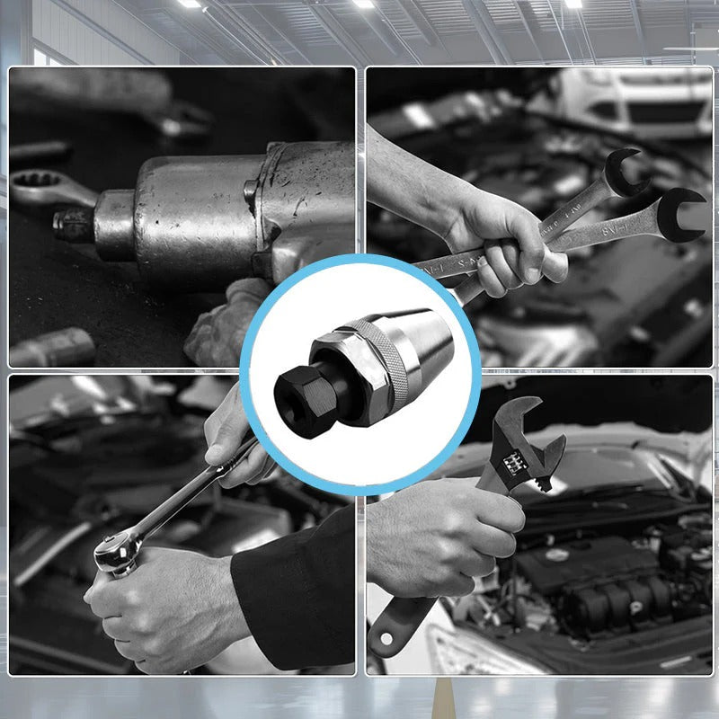 Collage of hands using wrenches on a mechanical background