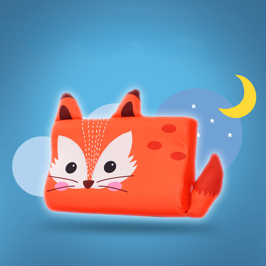 Fox-shaped phone case on a blue background with a moon and stars.