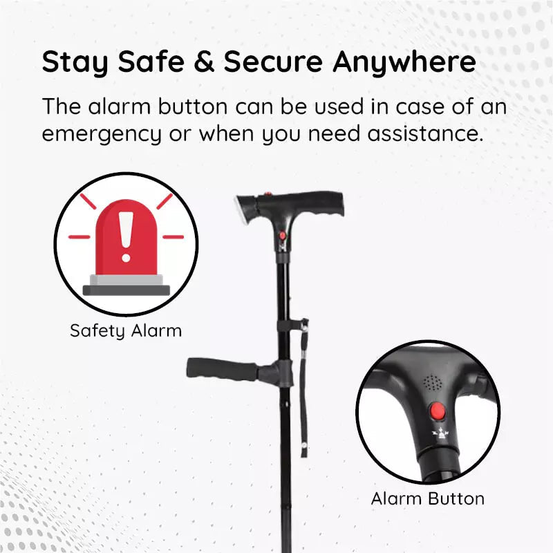 Cane with safety alarm and alarm button highlighted on a white background