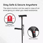 Cane with safety alarm and alarm button highlighted on a white background