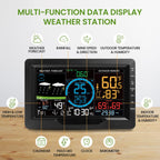 Multi-function data display weather station with various readings on a wooden surface.