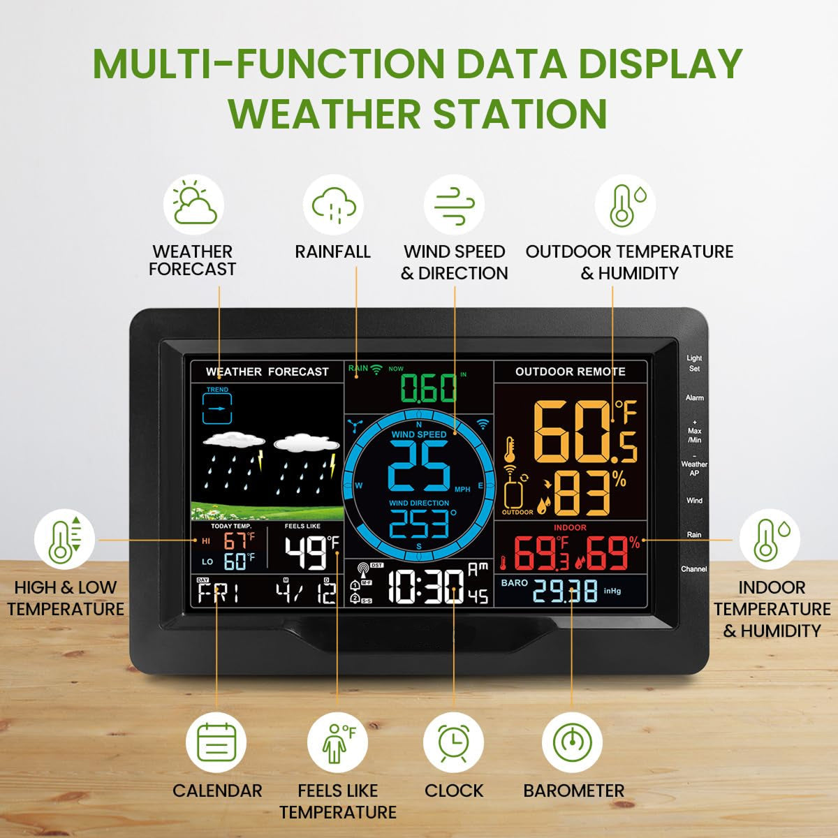 Multi-function data display weather station with various readings on a wooden surface.