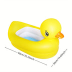 Yellow inflatable duck-shaped pool with measurements on a white background