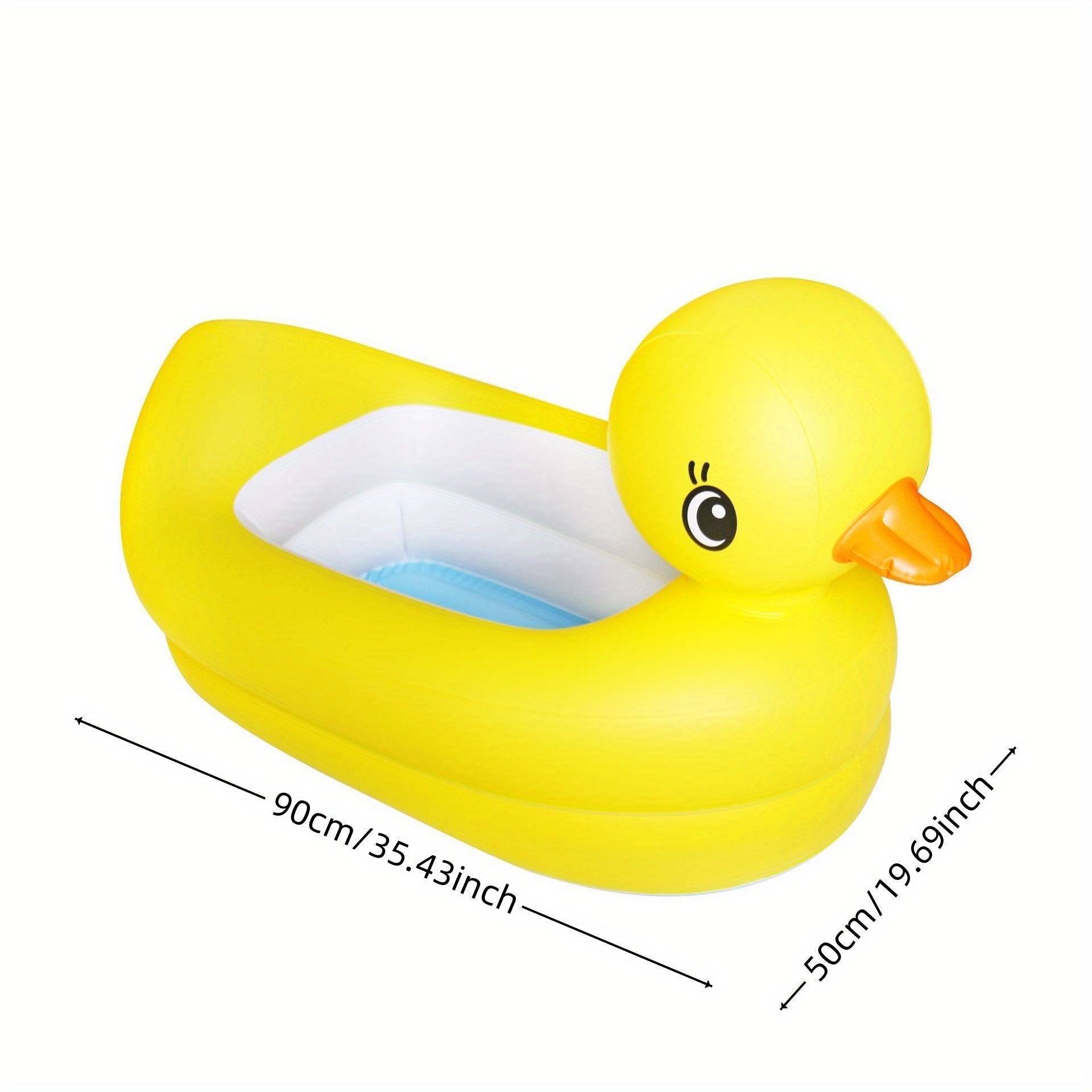 Yellow inflatable duck-shaped pool with measurements on a white background