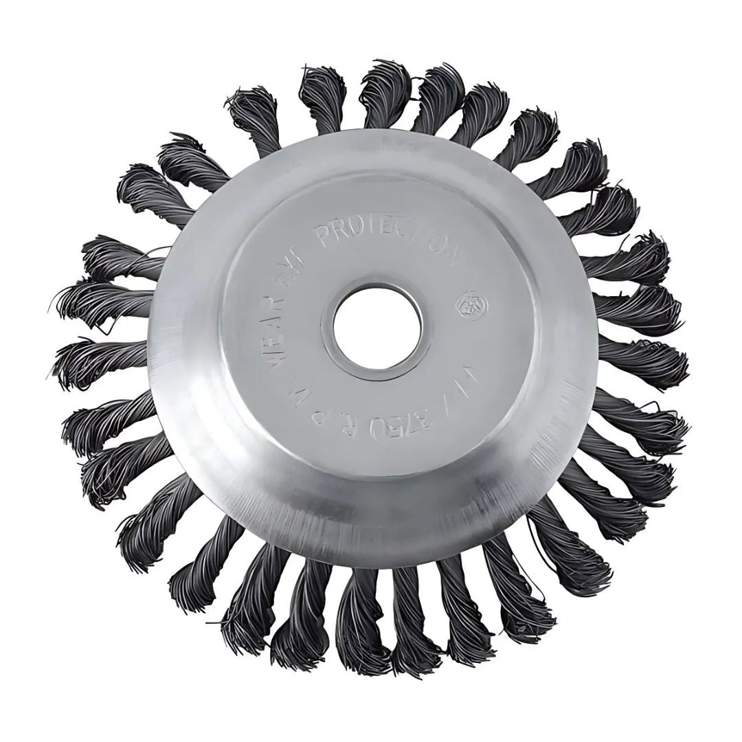 Wire brush wheel with black bristles on a white background