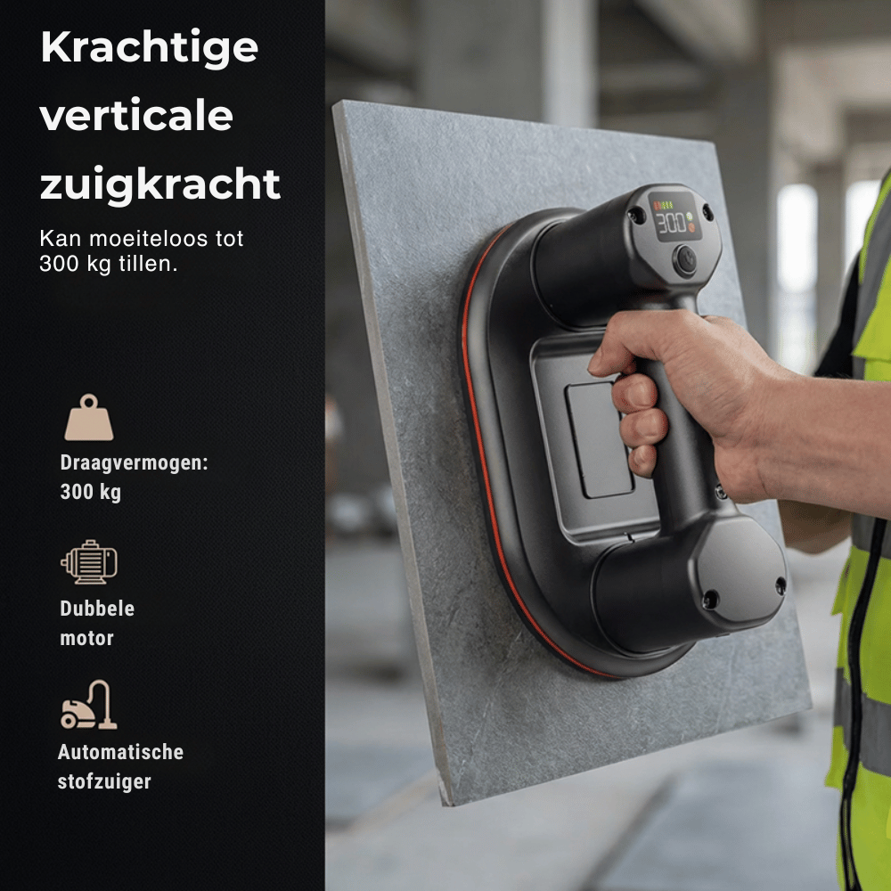 Handheld vacuum cleaner being used on a large flat surface with text detailing its features.
